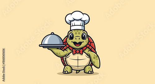 A cheerful turtle cartoon character wearing a chef's hat and apron, holding a covered serving dish against a pale yellow background.
