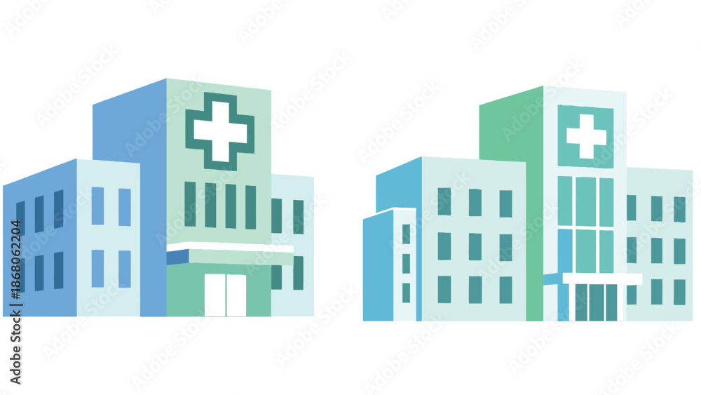 Naklejka premium Modern hospital building complex with medical cross symbol for healthcare facility management and real estate investment in the clinical business sector vector illustration.