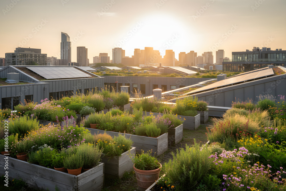 Fototapeta premium urban rooftop garden with wildflowers and solar panels overlooking city skyline at sunset