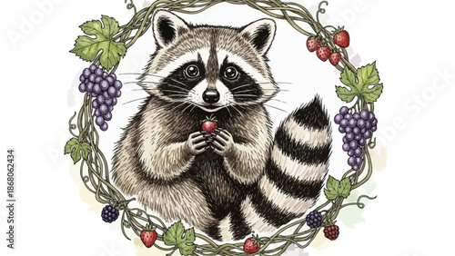 Raccoon Eating Berry Surrounded by Grapes.