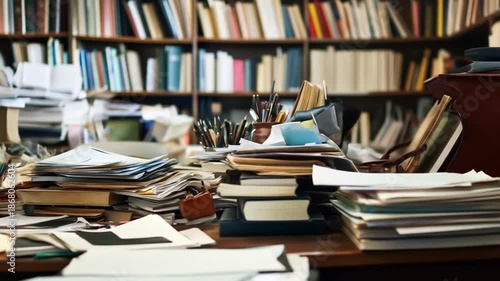 Messy Desk Cluttered with Books, Papers and Study Materials