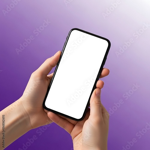 Hands holding smartphone with blank white screen on purple background