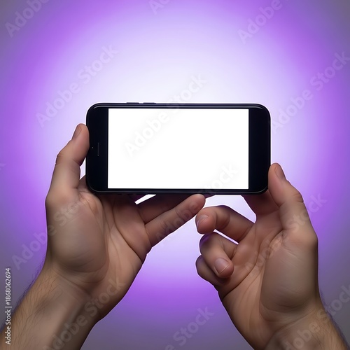 Hands holding a smartphone with a blank white screen