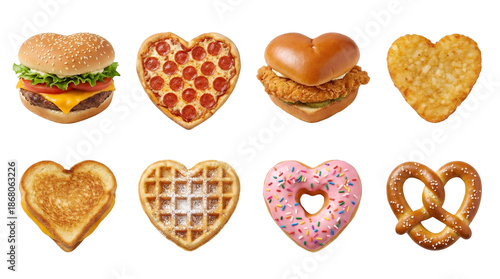 Wallpaper Mural Heart shaped fast food set including burger, pizza, fried chicken, hash brown, grilled cheese, waffle, donut, and pretzel isolated. Valentines day and romantic meal collection. Torontodigital.ca