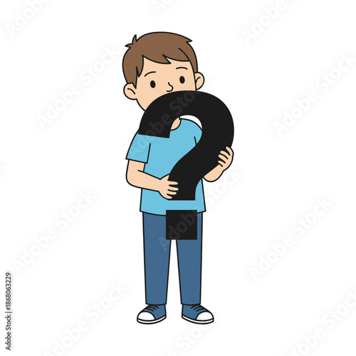 Curious boy holding a large black question mark, cartoon illustration