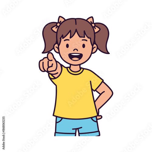 Happy Girl Pointing Finger Forward, Isolated Cartoon Character, Vector Illustration