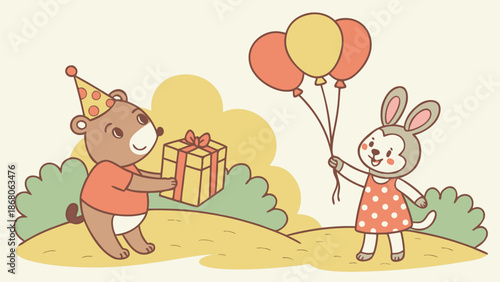 Cute bear presenting gift to rabbit with colorful balloons on birthday