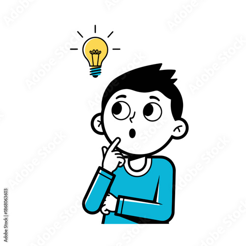 Boy with light bulb above head, thinking, idea, innovation, creativity, problem solving, eureka moment