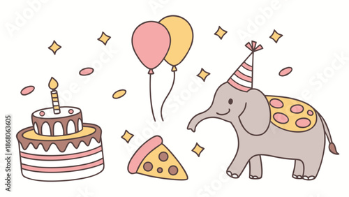 Playful elephant celebrating birthday with cake and balloons