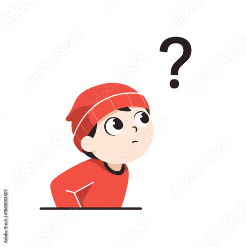 Confused boy in red hat looking up at question mark, illustration