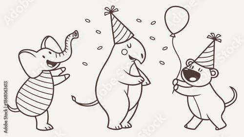 Happy animals celebrating birthday party with fun and excitement
