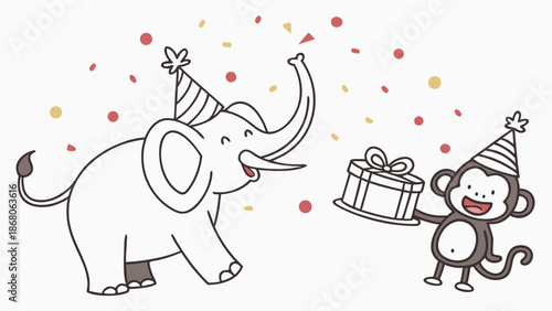 Playful elephant and monkey celebrating birthday with gift