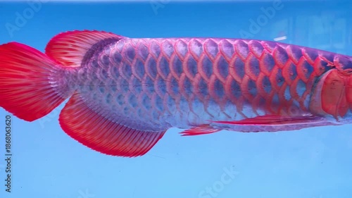 Close up of red arowana moving its vibrant metallic scales under the light.