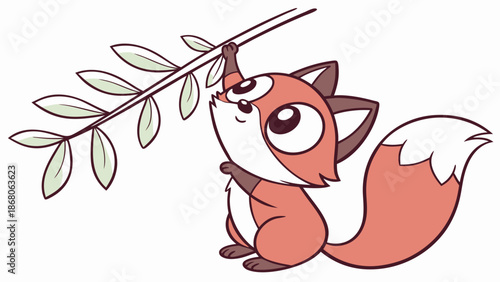 Cute cartoon fox playing with leafy branch happily