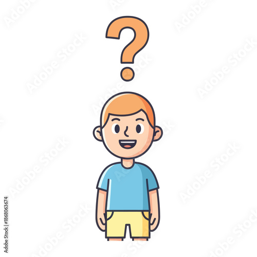 Young boy with question mark above head, confused, thinking, seeking answer illustration