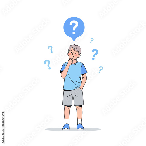 Boy Thinking with Question Marks Illustration, Confusion and Uncertainty Concept