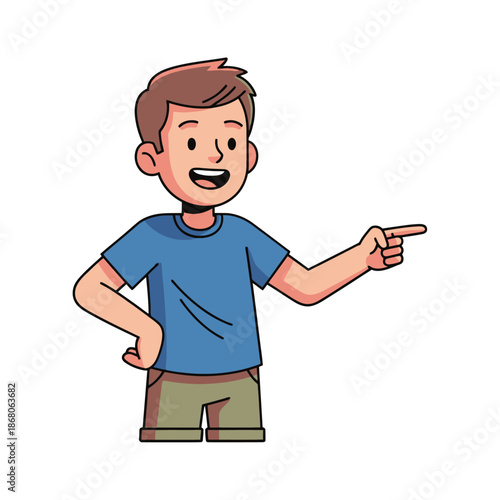 Happy Boy Pointing to the Right, Cartoon Character, Vector Illustration