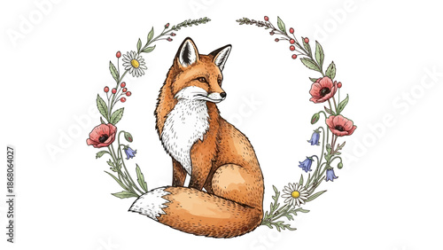 Watercolor Fox Surrounded by Floral Wreath.