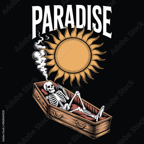 Skeleton in Coffin with Smoking Sun paradise