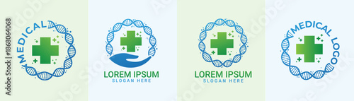    DNA helix circle surrounding medical cross logo healthcare genetics clinic hospital pharmacy emblem
