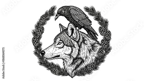 Wolf and Raven Illustration Detailed Drawing.
