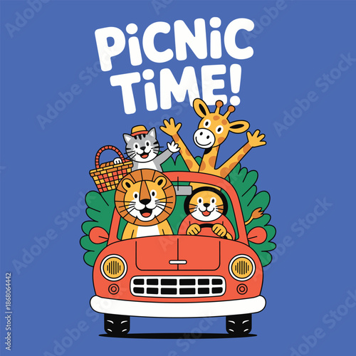 Colorful cartoon animals in a car heading for a picnic