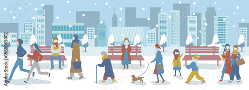 冬の街を歩く人たち