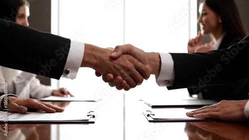 a successful business agreement is being sealed with a firm handshake between two professionals in a modern office setting