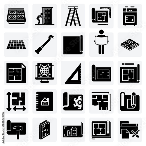 Architectural Planning And Construction Work – Blueprints, Flooring, And Structural Repairs Using Tools Like Ladders And Crowbars.