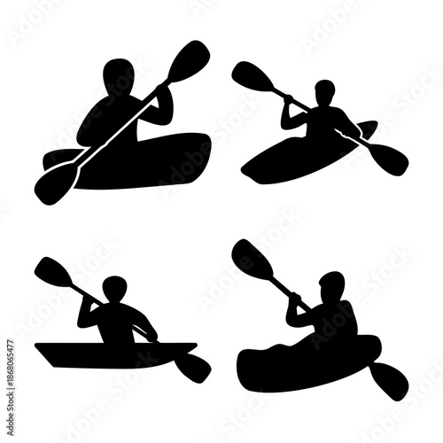 Four black silhouette figures kayaking with paddles vector art Vector