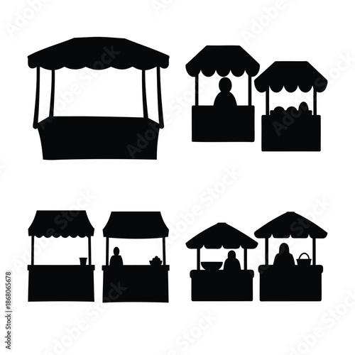 Market stalls silhouettes set with vendors and goods icon Vector