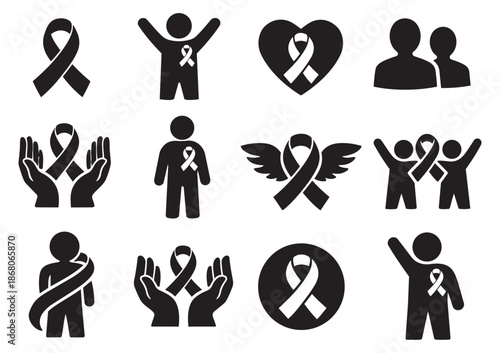 Simple graphic awareness ribbon icon set featuring people, hands, hearts, and wings for charity and support causes