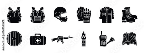 Comprehensive collection of essential military and tactical equipment including protective gear, weapons, communication devices, and survival tools for security and defenserelated projects