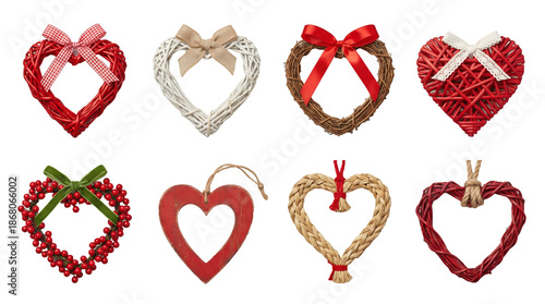 Heart wreath set including wicker, willow, red berry, straw, and wooden ornaments isolated. Valentine decor and rustic craft collection.