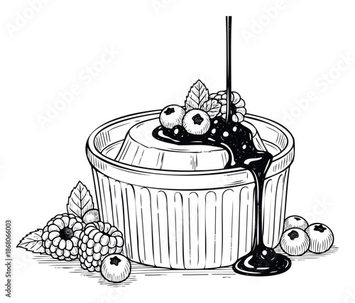 Sweet dessert in a ramekin with pouring dark chocolate sauce, adorned with ripe raspberries, blueberries, and fragrant mint, perfect for bakery marketing, cafe menu boards, or gourmet food