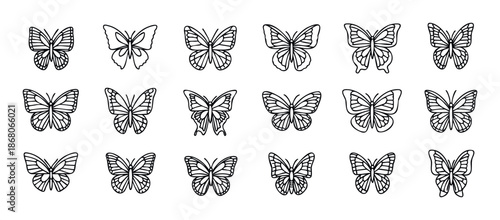 Collection of diverse line drawing butterfly symbols perfect for graphic applications, nature themed projects, printables, and creative activities.