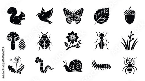 A comprehensive collection of various natureinspired glyphs and simple forest life symbols, ideal for educational materials, outdoor activity guides, or ecological awareness campaigns.