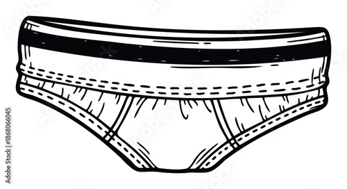 A simple handdrawn line drawing of classic mens briefs, depicting comfortable everyday undergarment for clothing and apparel related projects or health and wellness publications.
