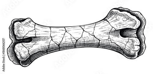 A detailed hand drawn woodcut style depiction of an ancient cracked fossilized bone, perfect for archeology, biology, or historical themed designs.