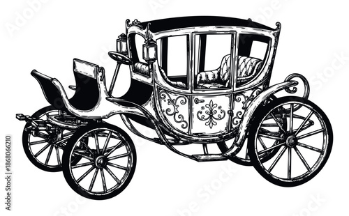 Elegant historic horsedrawn carriage with ornate details, suitable for historical themed projects, luxury travel content, and classic event promotions.