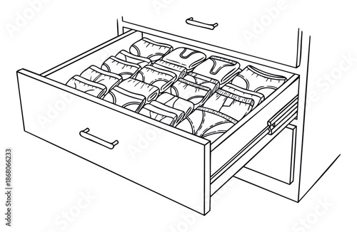 Neatly organized drawer filled with multiple pairs of folded mens briefs, showcasing efficient storage solutions for maintaining a tidy domestic bedroom or closet space.