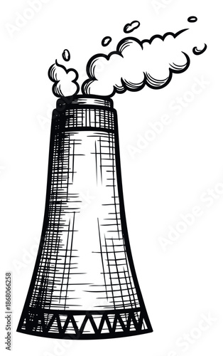 Industrial cooling tower structure emitting steam with environmental impact implications, useful for energy production, ecology, and climate change related presentations