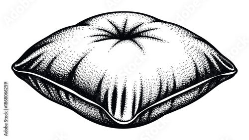 Comfortable decorative cushion graphic presented in a traditional engraved woodcut style, ideal for textile designs, home interior publications, and relaxation themes.