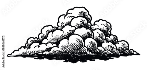 Dynamic hand drawn storm cloud formation with detailed cross hatching, perfect for weather forecasts, educational materials, graphic novels, or historical themed print projects
