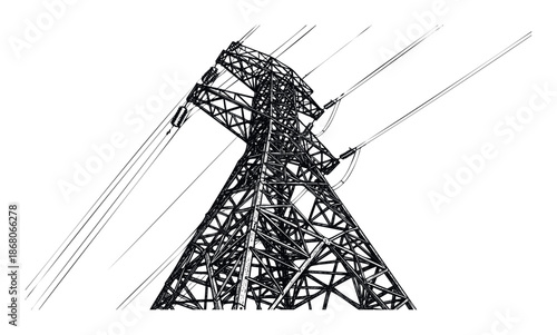 High voltage electricity pylon with power lines symbolizing modern energy transmission and industrial infrastructure, ideal for engineering and power industry projects