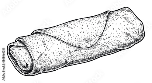 Detailed black and white line drawing of a savory spring roll or burrito, perfect for restaurant menus, food blogs, or culinary publications seeking a classic sketch aesthetic.