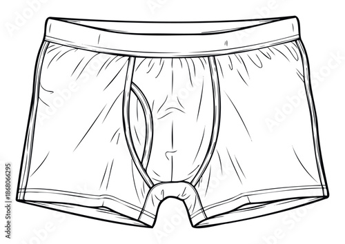 Line drawing of classic mens boxer briefs undergarment featuring a comfortable elastic waistband and practical front fly opening suitable for apparel design and clothing manufacturing