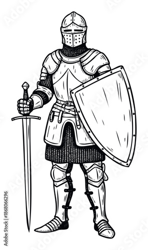 Medieval armored knight standing ready for battle holding a long sword and protective shield for historical warfare themed graphics and traditional event promotions