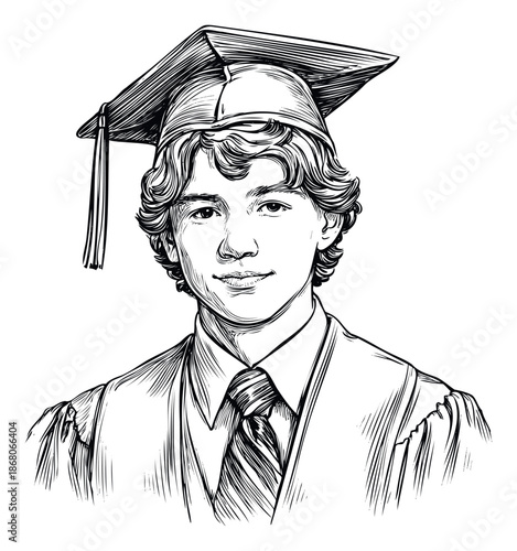 Young man celebrating graduation day wearing academic cap and gown over shirt and tie expressing achievement and future success for educational content and academic milestones