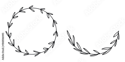 Simple hand drawn outline leaf wreath and corner frame ideal for event stationery, personalizing social media posts, or creating delicate decorative accents in digital and print media.